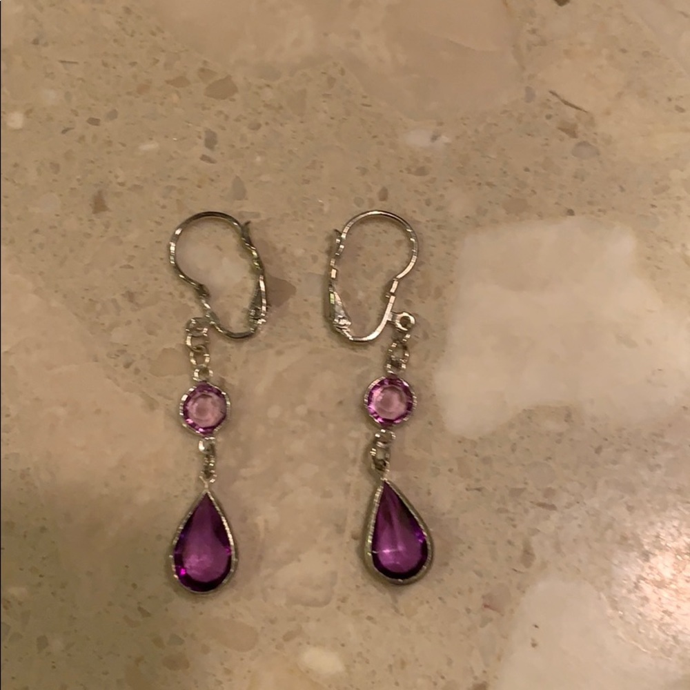 Silver and purple drop earrings